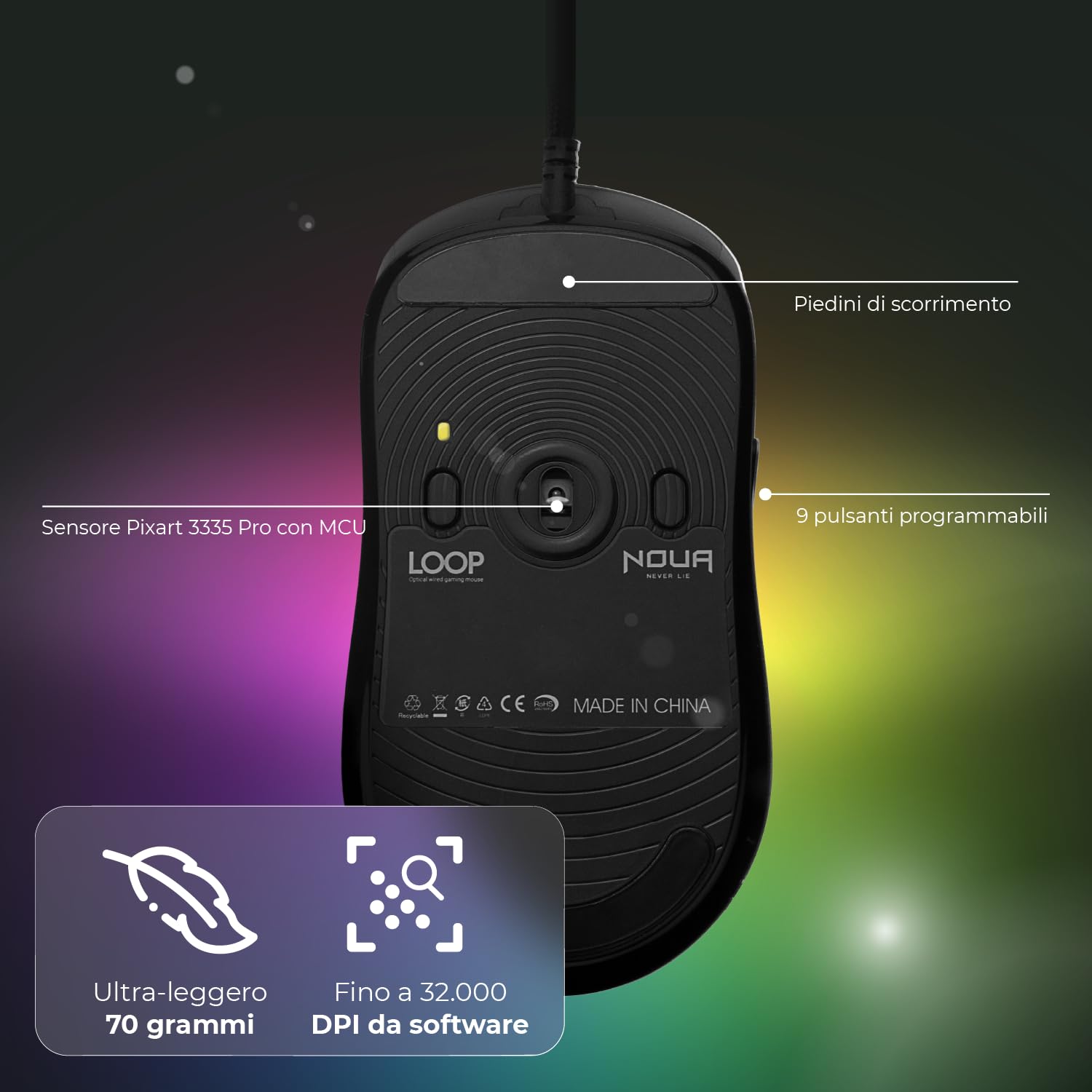 Noua Loop Mouse Gaming RGB | Sensore Pixart 3335 fino a 32000 DPI | 70g Ultra-Leggero | 9 Pulsanti Programmabili | Switch Huano | Ambidestro | Software Dedicato | Nero