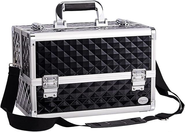 Joligrace Large Makeup Box Organiser Makeup Case Vanity Case Make up Case Makeup Train Case 4 Trays Luggage Cosmetic Cases with Shoulder Strap Clasp Locks with Keys (Black)