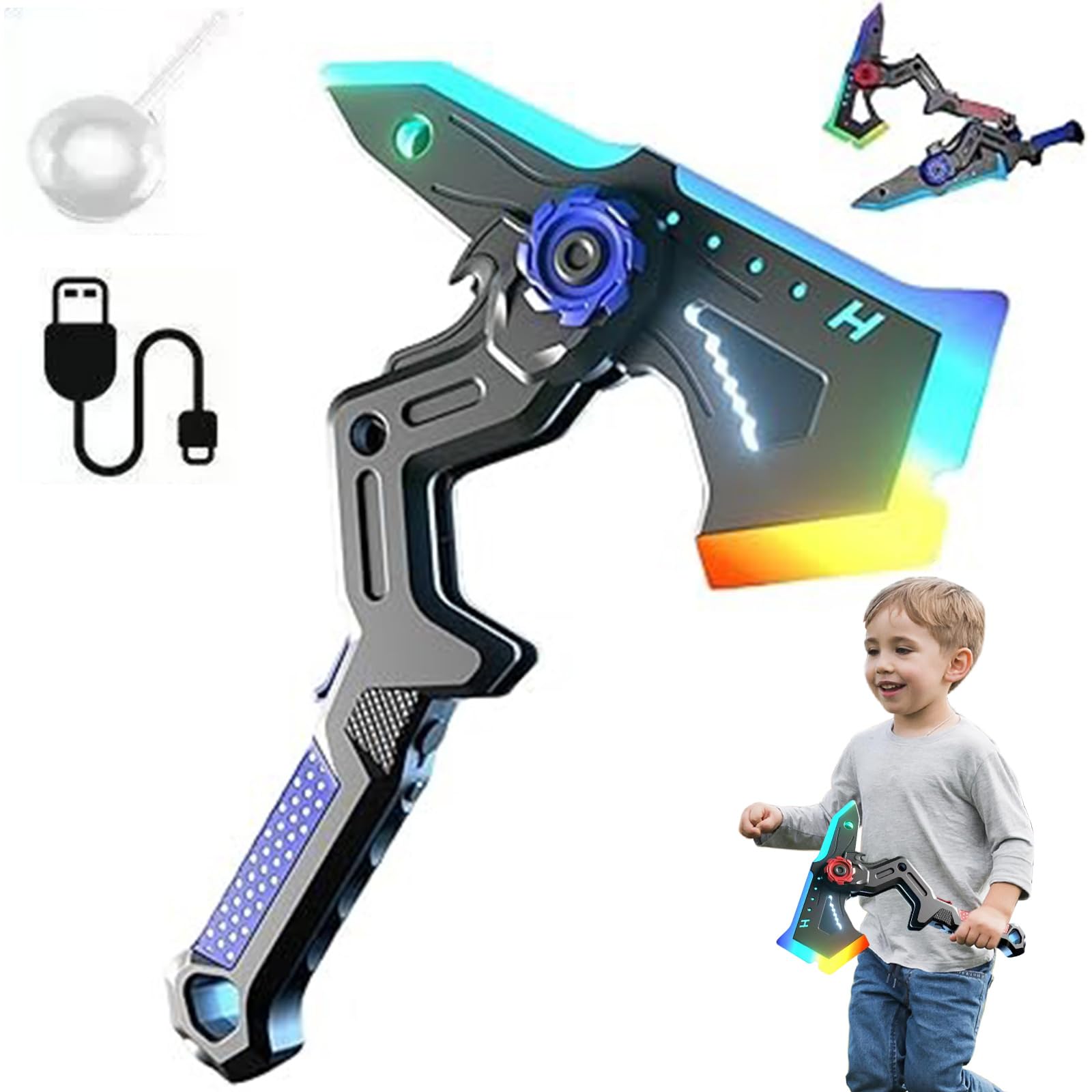 2-in-1 Deformable Mechanical Sword Axe,Light Up Spray Sword Toy with LED Sound Effects,Dual Fake Axe Transforming Science Fiction Toy,Holiday Parties & Pretend Battle Play for Kids (A)