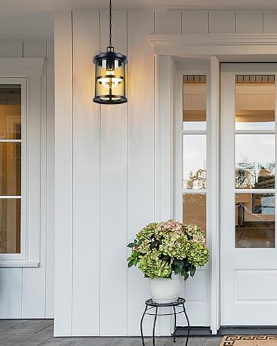 Miniatura 6 de UFOND Farol colgante para exteriores, lámpara colgante en acabado negro para porche, 1 paquete de linterna colgante exterior con vidrio transparente