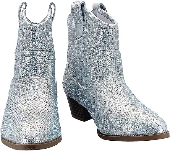 Forever Girls Rhinestone Cowboy Boots Kids Low Heel Dress Booties River-01K Silver 123