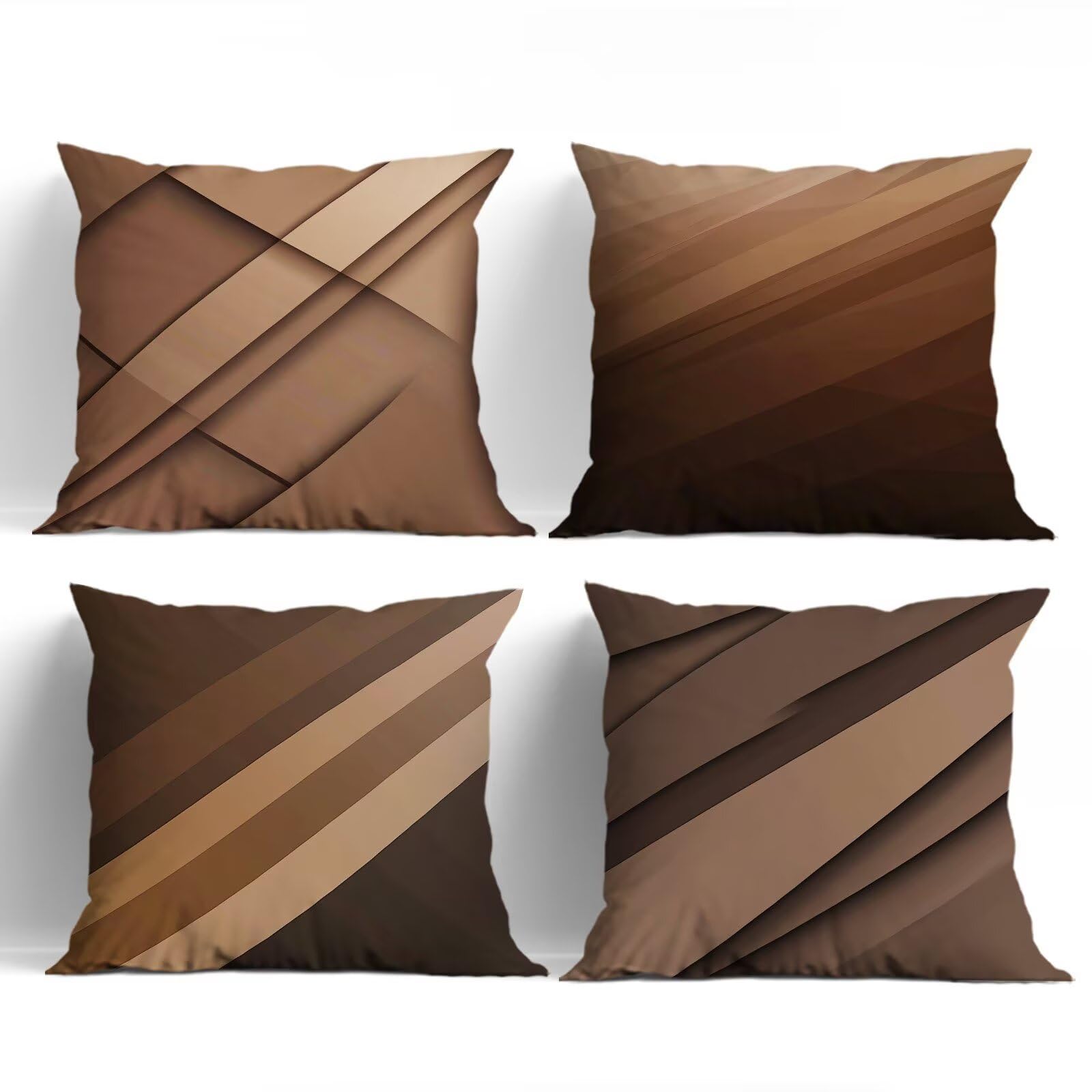 QiHon Brown Stripes Cushion Covers 30x30 cm Set of 4, Decorative Throw Pillow Cases, 12x12 inch Square Linen Pillowcases for Sofa Living Room Bedroo