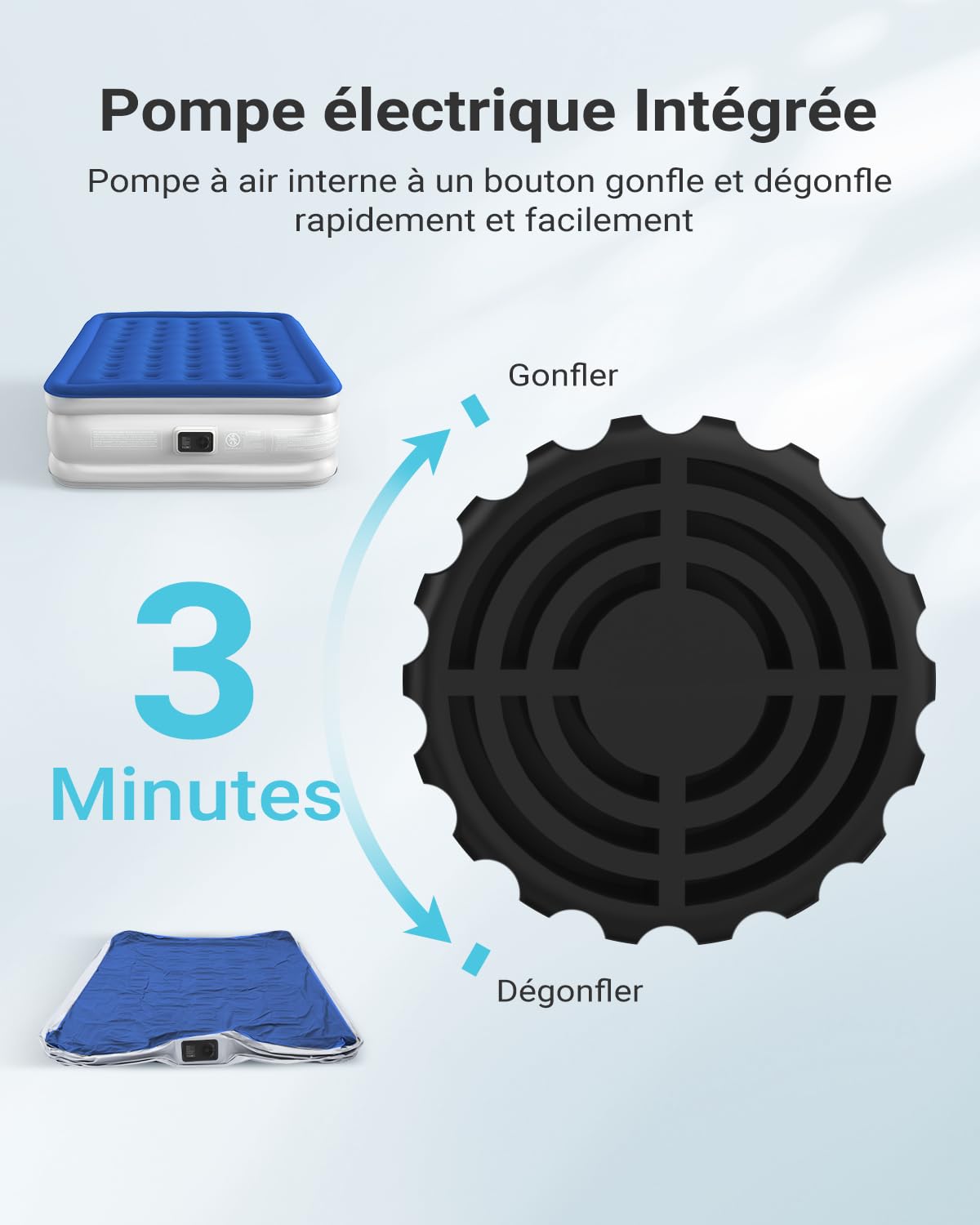 iDOO Matelas Gonflable 2 Personnes, Lit Gonflable avec Pompe Intégrée, Gonflage Rapide en 3 Minutes, Lit D'appoint Doux et Confortable, Matelas Pneumatiques pour Maison et Camping-152x203x46cm