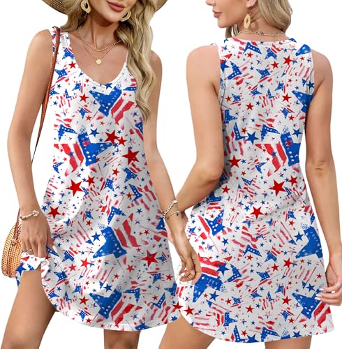 Image of LHBNK 4th of July Dress for Women: American Flag Tank Dresses Star Striped Splicing Loose V Neck Sundresses