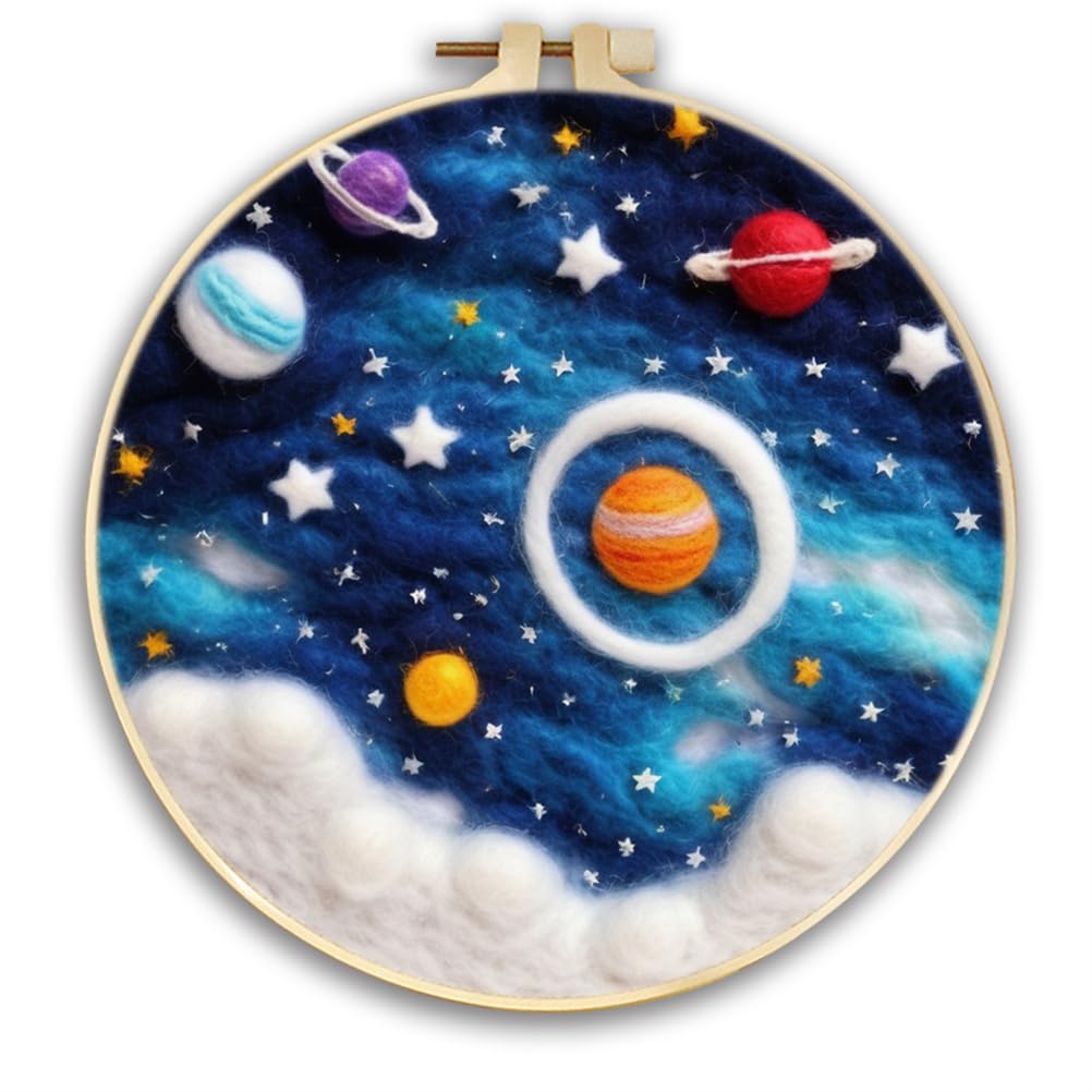 Meecaa Universe Stars DIY Needle Felting Kit for Beginners, Including Wool Felt Supplies, Embroidery Hoops,Beautiful Wool Painting and Needle Felting Tools (Universe)