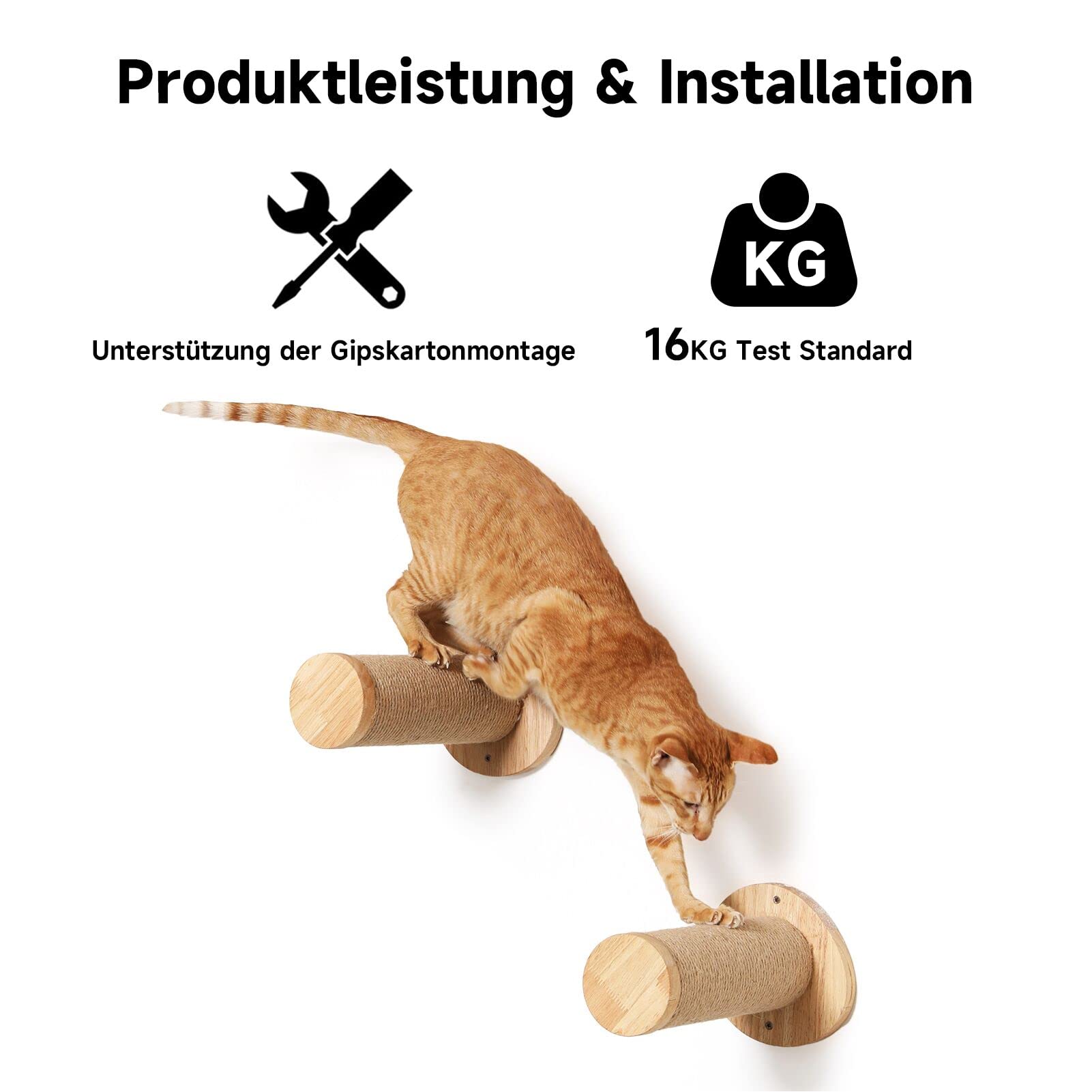FUKUMARU Katzentreppe Wand, Kletterstufe (2er-Pack), massives Gummibaumholz, Ø 9 x L30 cm Sisal-Pfosten, Wandmontage Jute-Kratzäulen, DIY Kletterwand Katzen