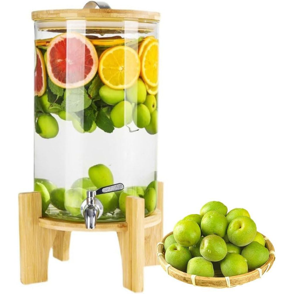 Glass Drink Dispenser, 1.5L/2.5L/5L Ice Drink Dispensers, with Spigot and Wooden Stand, for Party Office Camping Daily Use