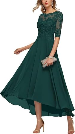 Tee L nge Brautmutterkleider Spitze Kleider f r die Mutter der Braut Damen Elegant Chiffon A-Linie Abendkleid mit 1/2  rmel