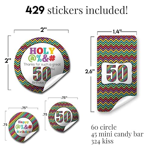 Miniatura 3 de HOLY - Kit de calcomanías para fiesta de cumpleaños número 50, 429 piezas. Incluye 60 calcomanías circulares de 2 pulgadas, 45 mini envoltorios de