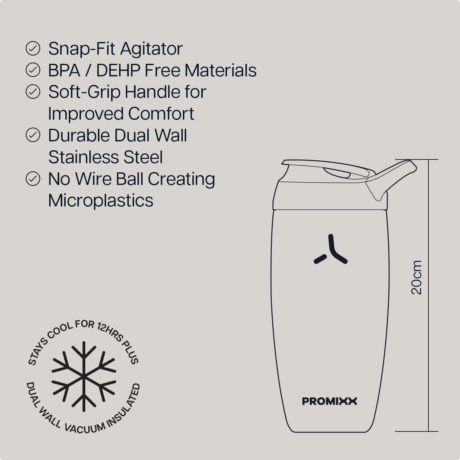 Promixx Pursuit Shaker Isolato – 550ml Acciaio Inossidabile Doppia Parete Miscelatore Proteine con Snap-Fit per Frullati Ghiacciati – Ermetico per Fitness – Arancione Bruciato