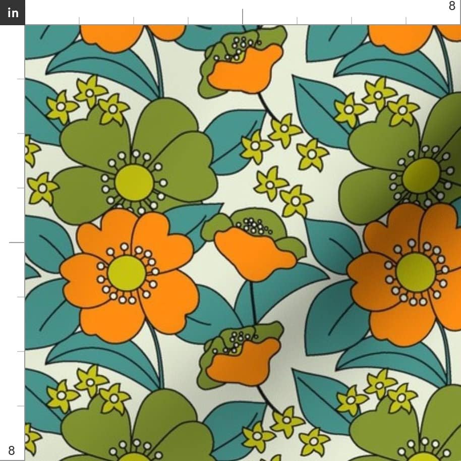 Miniatura 3 de Spoonflower Tela  70S Floral Naranja Retro Divertido Hippie Medio Verde Oliva Verde Verde Turquesa Vintage Impreso en Petal Signature Tela de