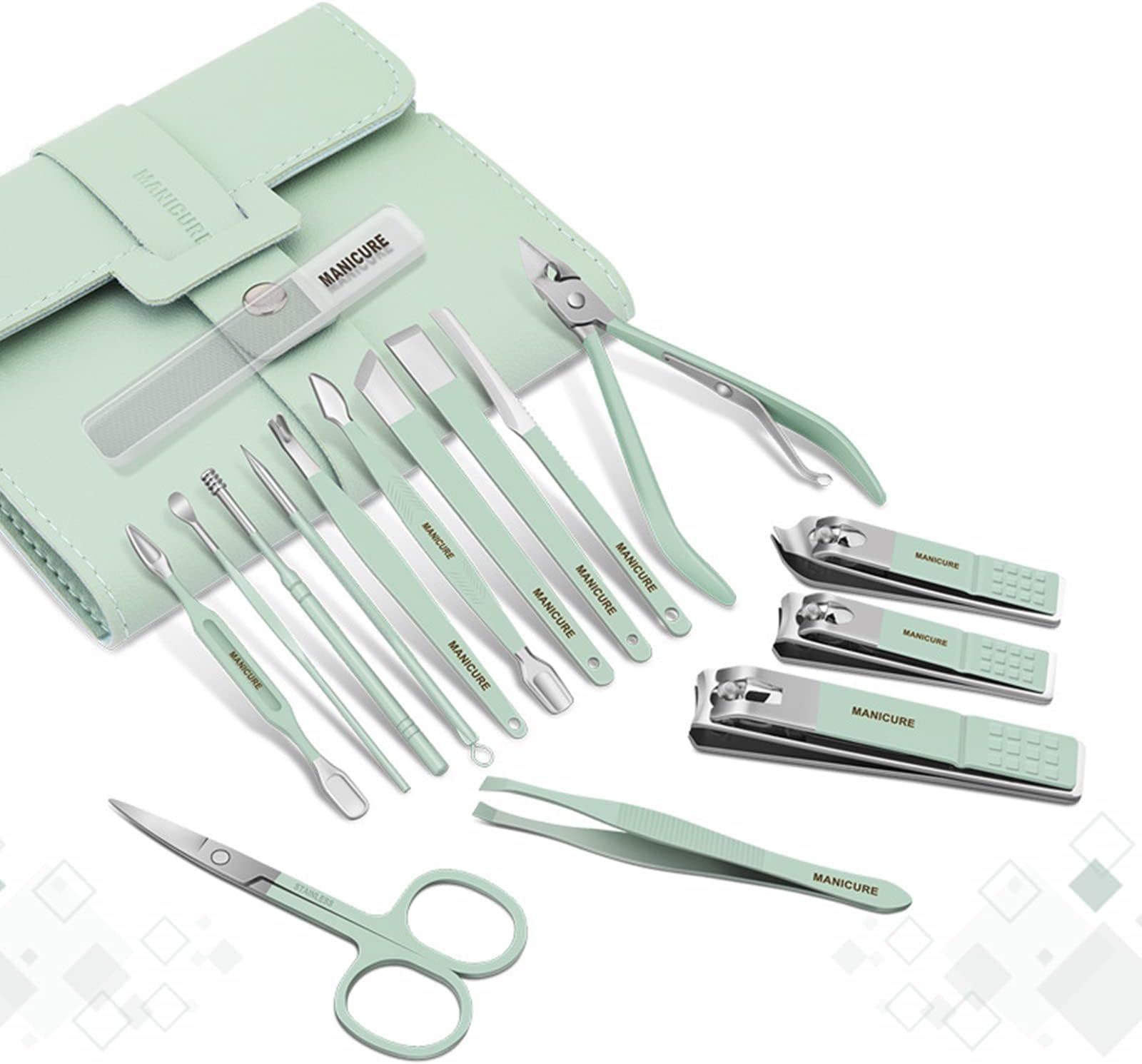 LFFY Nail Clippers Portable Set - Manicure Set 12-16pcs/set Stainless Steel Nail Clippers Set With Folding Bag Manicure Cutter Kits Scissors Makeup Beauty Tool (16PCS/SET, Green)