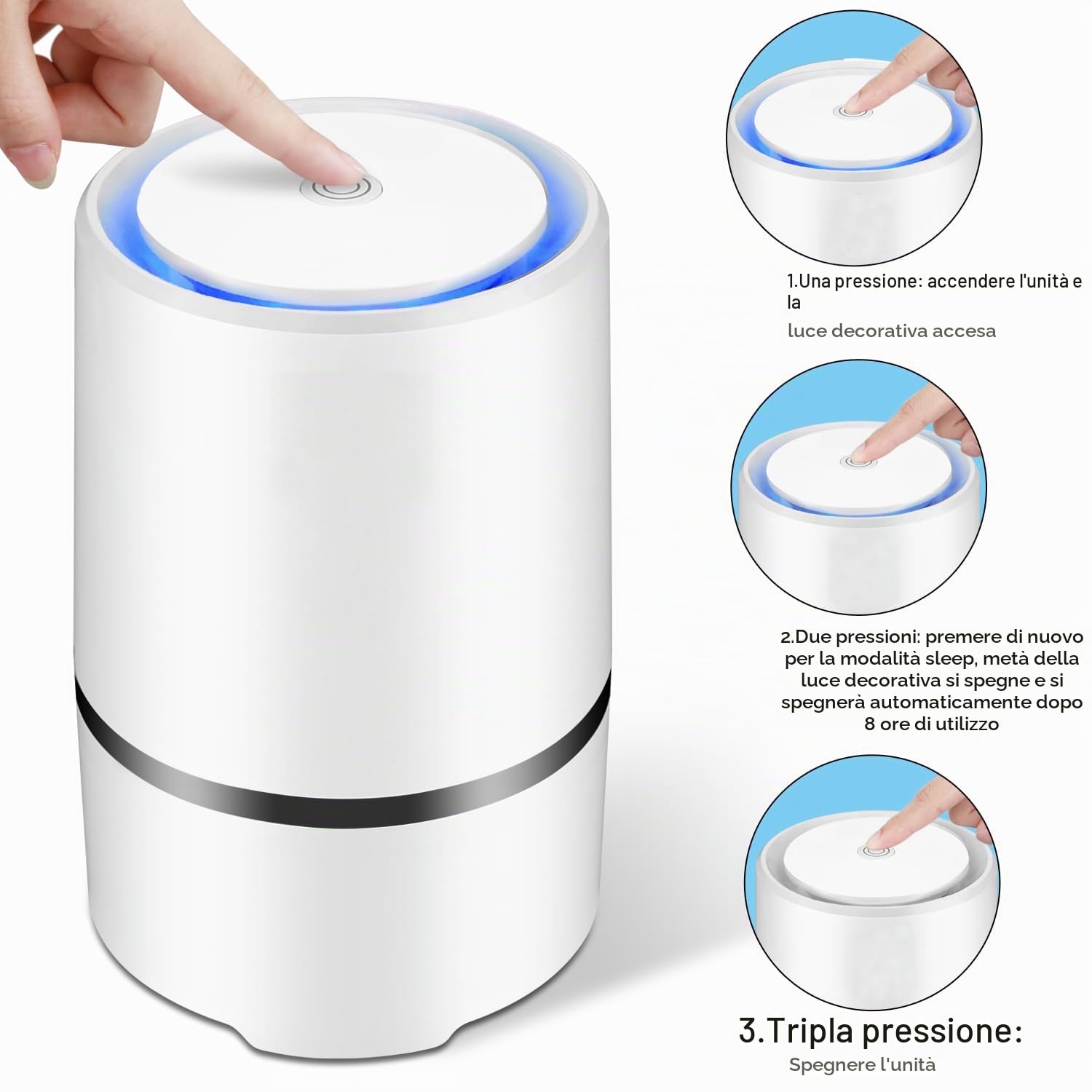 Home Depuratore d'aria Filtro dell'aria con luce notturna a LED, sterilizzatore d'aria sterilizzatore d'aria desktop per rimuovere la polvere di formaldeide PM2,5, allergeni, polline, fumo,