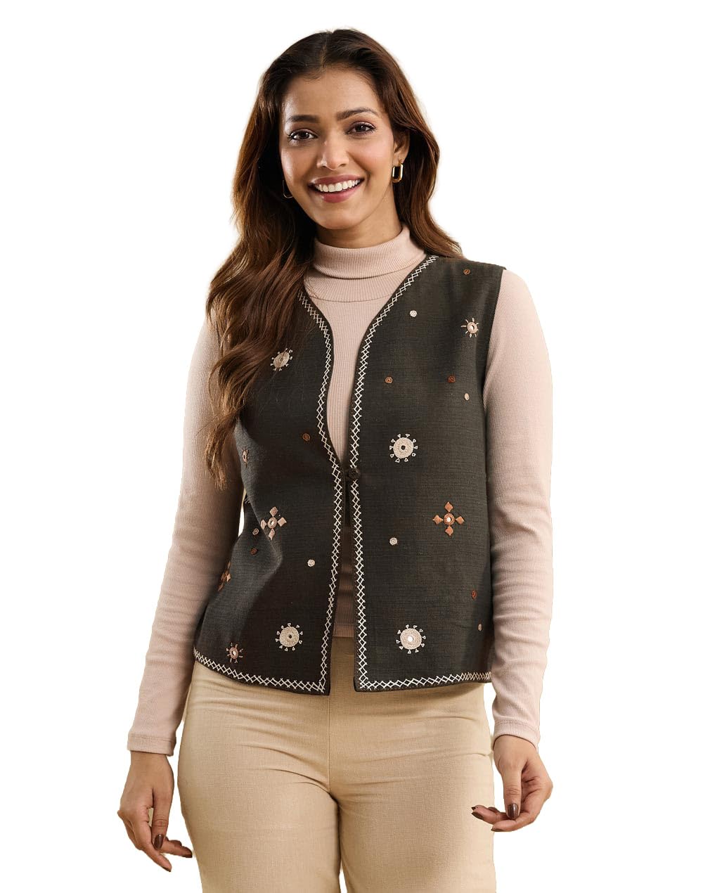 fabindia Brown Cotton Hand Embroidered Jacket-picture-13