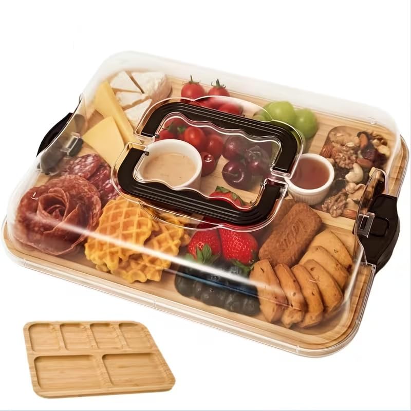 Flygon Portable Cheese Wooden Charcuterie Board with Lockable Transparent Lid – Multipurpose Party Platter & Food Display Rectangular Serving Platter with Carry Handle & Side Locks-image-28