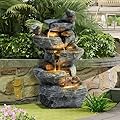 GIODIR Outdoor Garden Water Fountain, 5 Tiers Cascading Rock Waterfall, 26.4" H Waterfalls Resin Fountain with 4 LED Lights and Dicky Bird, Natural Modern Art Decor for Indoor and Patio Porch