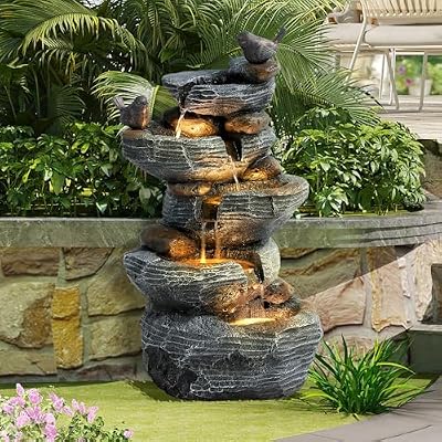 GIODIR Outdoor Garden Water Fountain, 5 Tiers Cascading Rock Waterfall, 26.4" H Waterfalls Resin Fountain with 4 LED Lights and Dicky Bird, Natural Modern Art Decor for Indoor and Patio Porch