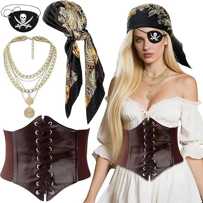 Set Disfraz Pirata Mujer 4 Piezas, Pañuelo Pirata, Corsé, Parche de Ojo y Collar, Accesorios para Carnaval, Halloween, Cosplay y Fiesta Temática