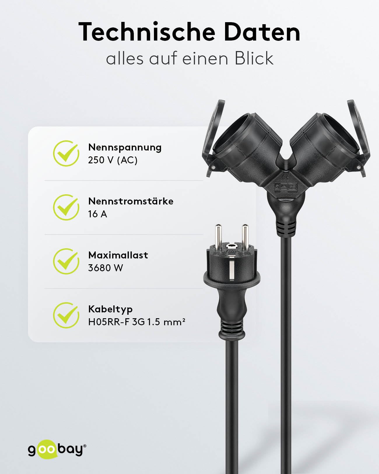 goobay 65436 Outdoor Doppel - Verlängerungskabel/Stromkabel für den Außenbereich / 2 Schuko - Steckdosen mit Schutzklappen (IP44) / 3680 W bei 250 V (AC) und 16 A / 25m