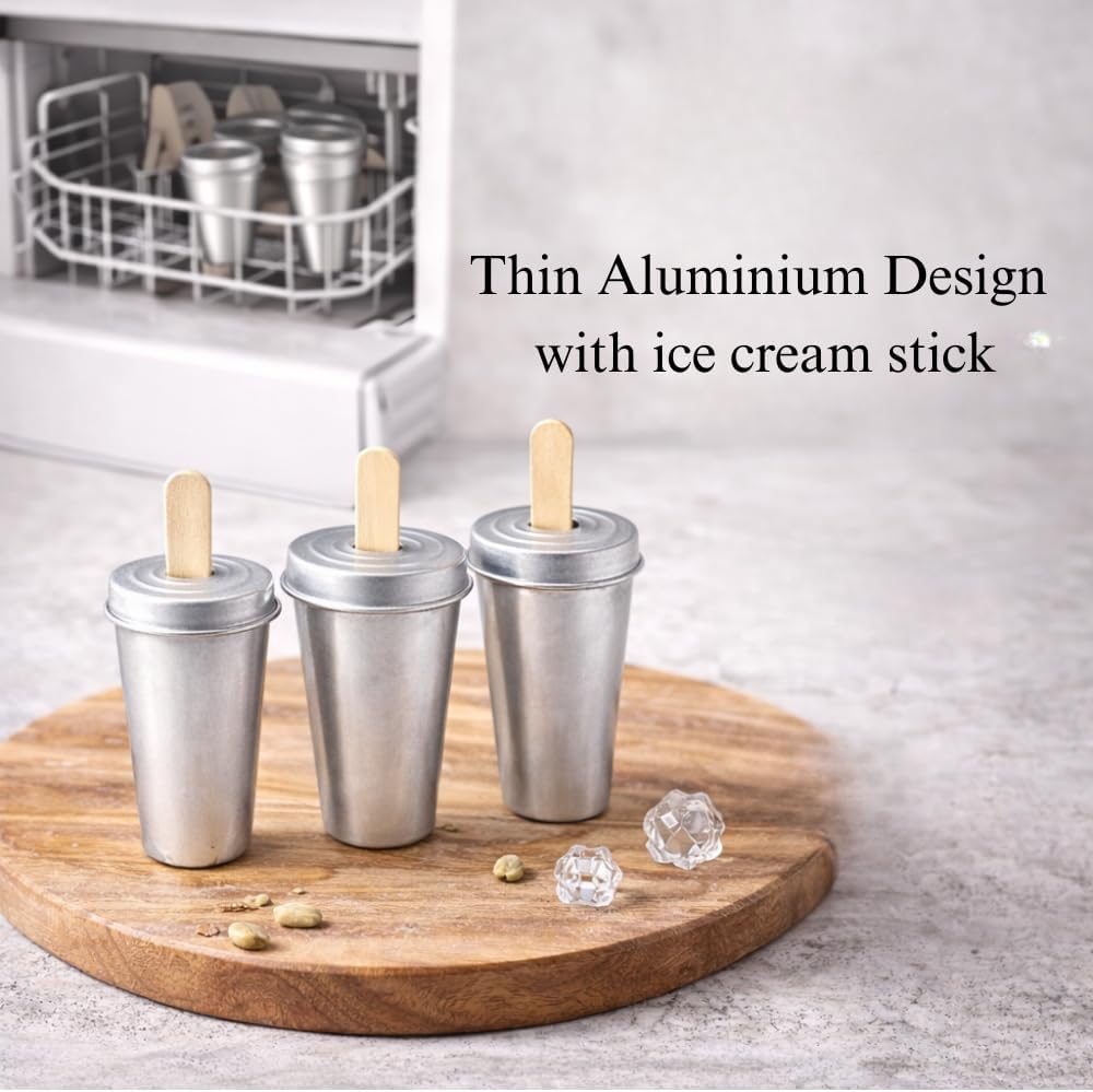 Aluminium Kulfi Cone Mould with Stick | 80ml Capacity | Reusable Traditional Popsicle, Kulfi & Ice Cream Maker DIY Kit for Home Freezer | 7 x 5 x 2.5 cm | Set of 6 Without Stand (Silver)