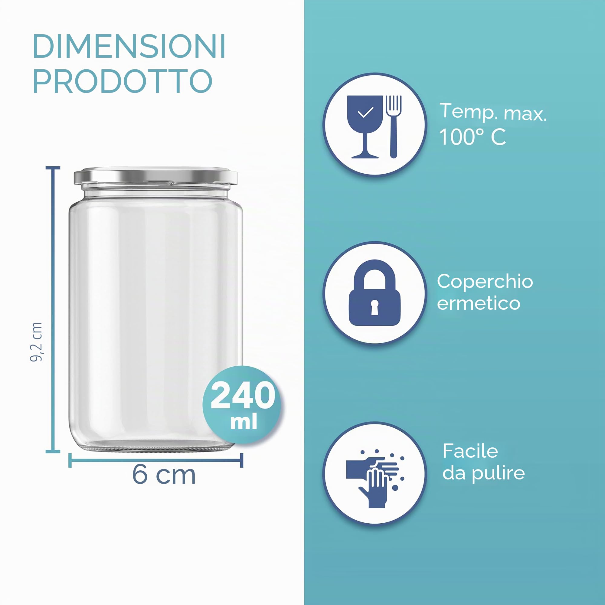 HEFTMAN Barattoli di Vetro con Coperchi - Confezione da 6 240ml Barattoli di Marmellata Riutilizzabili, Trasparenti, con Coperchi Ermetici Argentati, Etichette e Penna - Ideali per la Conservazione