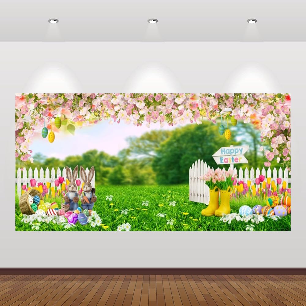 Spring Easter Backdrop 20x10ft Garden Bunny Eggs Floral Photography Background Happy Easter Banner Decorations Green Grass Fence Easter Party