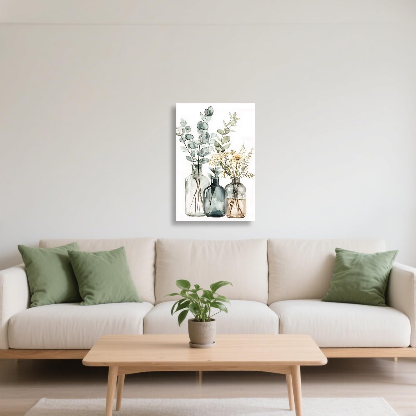 ZSHARTSWD Eucalyptus Sage Wall Art Green Floral Leaves Canvas Prints Watercolor Plant Bottles Pictures Minimalist Painting for Kitchen Bathroom Decor Framed (18L x 12W)