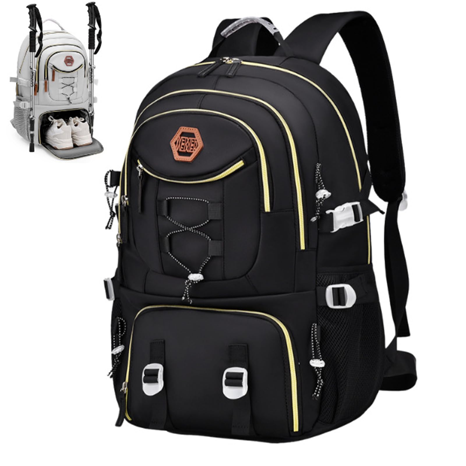 YECDET 35L Hiking Backpack for Women Men, Large Capacity Outdoor Travel Waterproof Camping Daypack with Shoe Compartment (Black)