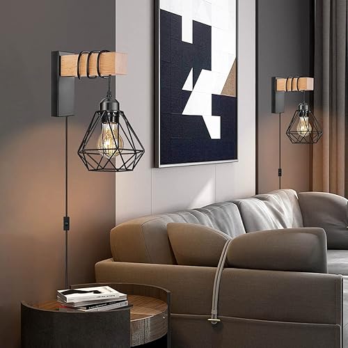 Miniatura 3 de Juego de 2 apliques de pared enchufables, luces de pared de granja con cable de enchufe, lámpara de pared rústica negra para dormitorio, mesita de