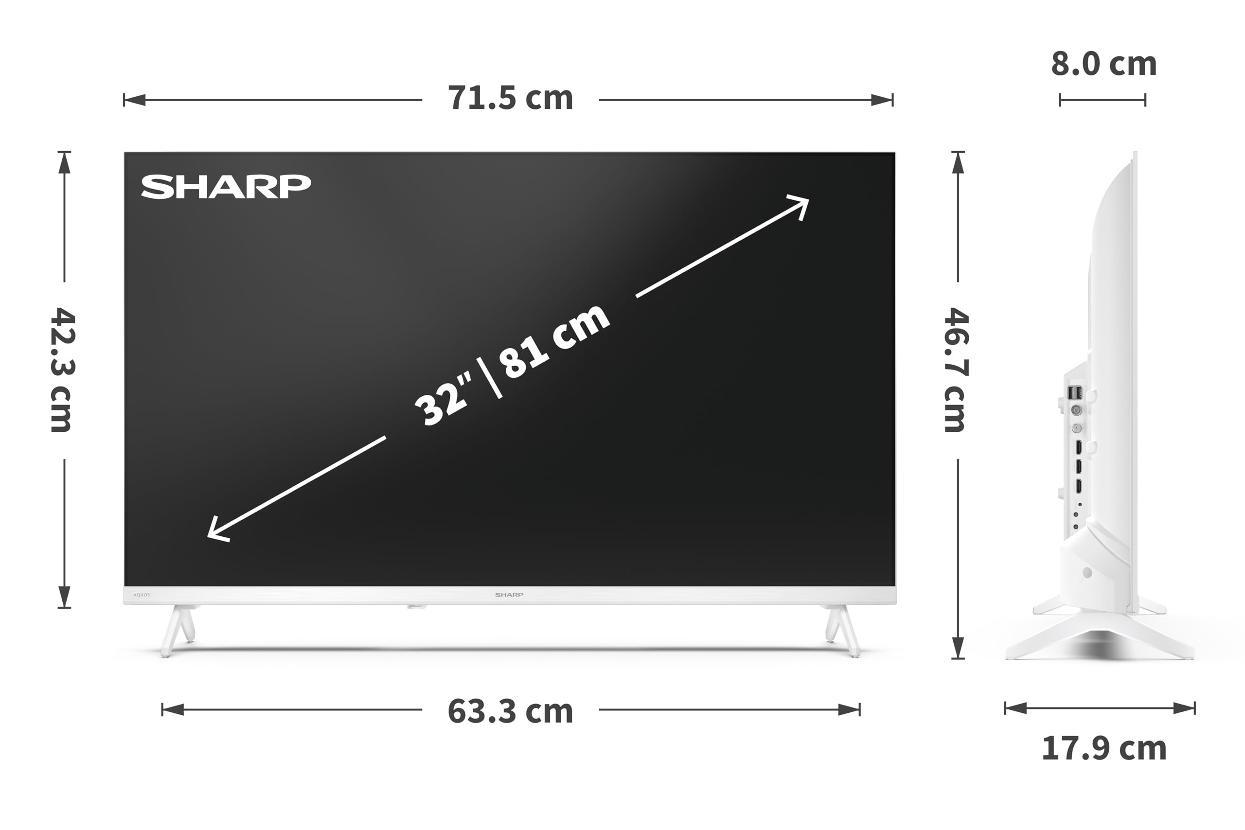 Sharp 32HF2365EW - GOOGLE TV, 32" HD,FRAMELESS,60Hz, Sonido 2x3W,HDMIx3,USBx2,USB, Colore bianco