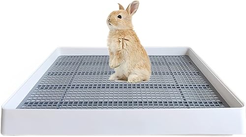 PODOO Caja de arena para conejos, bandeja de entrenamiento para conejillos de indias y mascotas pequeñas, espaciosa bandeja de rejilla con entrada