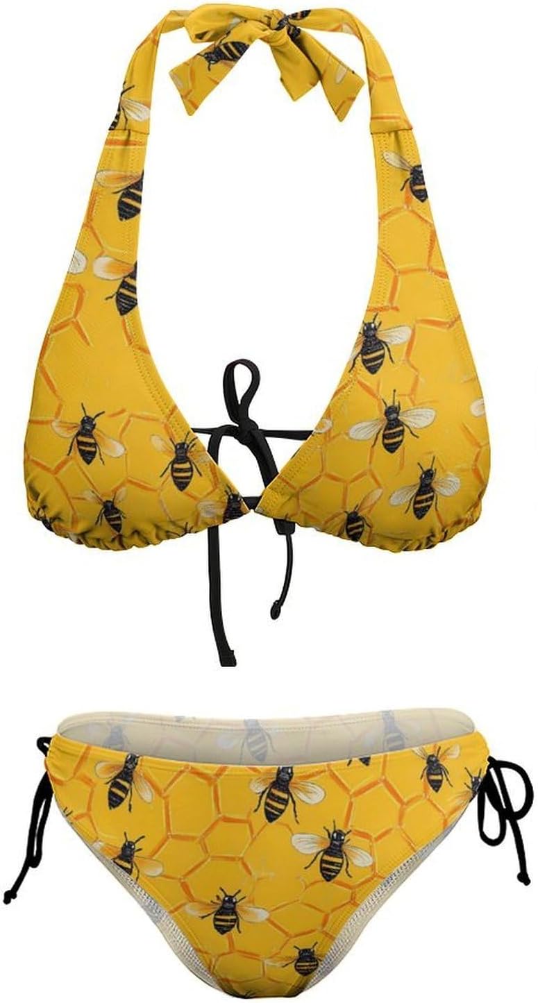 Honey Bees Pattern Novelty Women's 2 Piece String Bikini Set Swimsuits Bathing Suit Swimwear