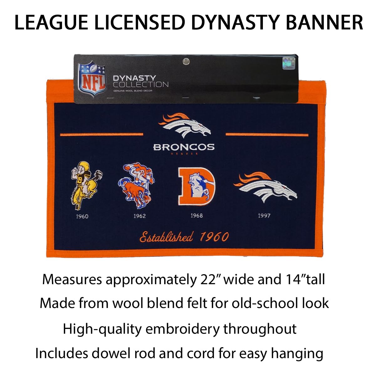 RICO Denver Football Broncos - Established 1960 - Classic Logos through the years Wool Heritage Dynasty Banner 22 x 14