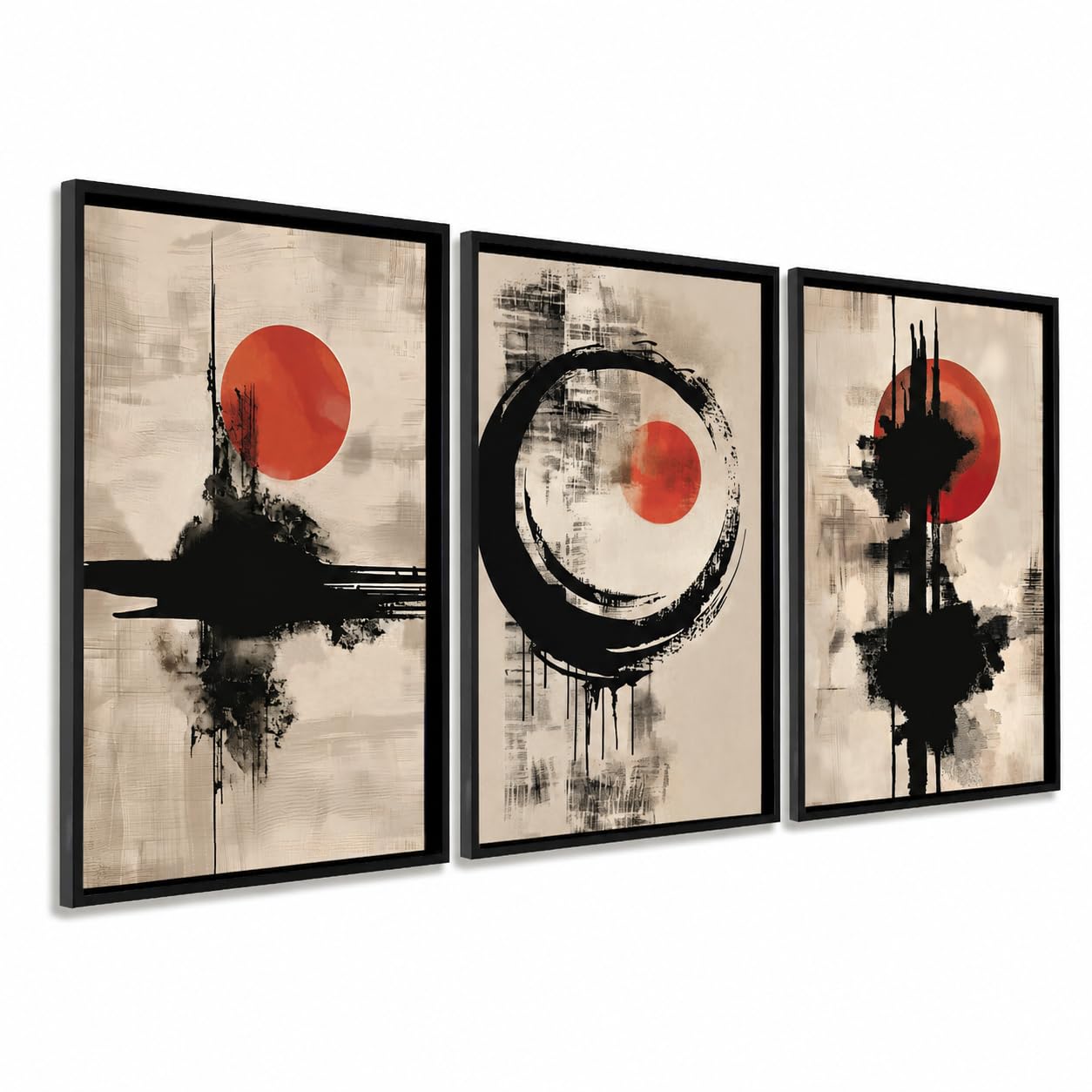 DekoArte - Cuadros decoración salón modernos zen 50x70 cm x3 con marco | Set 3 cuadros con marco negro, impresión abstracta estilo japones en tonos negros, rojos y beige, listos para colgar