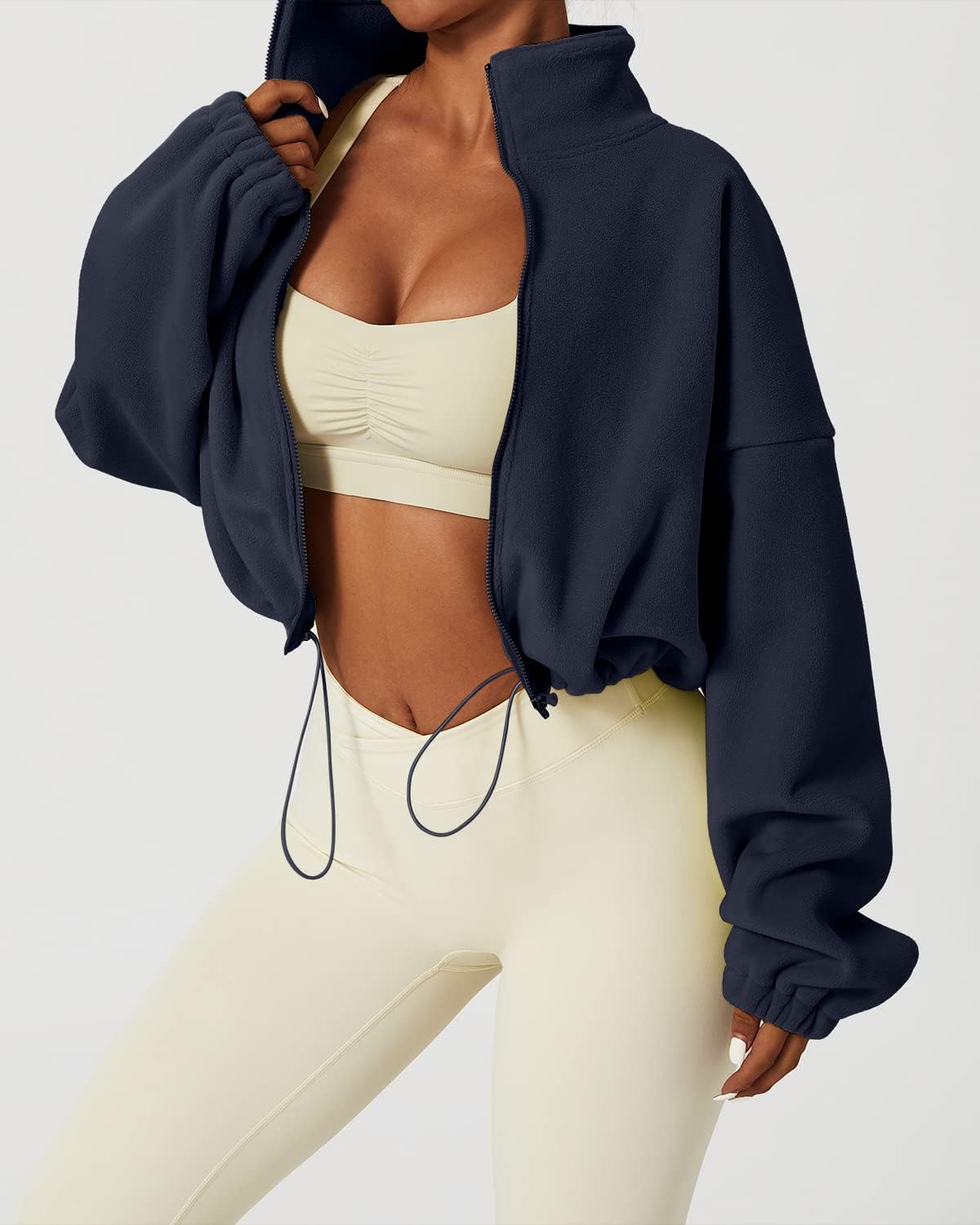 QINSEN Women's Full Zip Fleece Short Jacket Warm Winter Long Sleeve Stand Collar Sherpa Crop Coat - Image 2