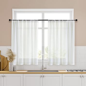 MRTREES Short Sheer Curtains 36 inch Length Kitchen Tier Curtains Light Filtering Rod Pocket Voile Cafe Curtains for Basement Bathroom Small Half Window 2 Panels, 34" W x 36" L, Off White