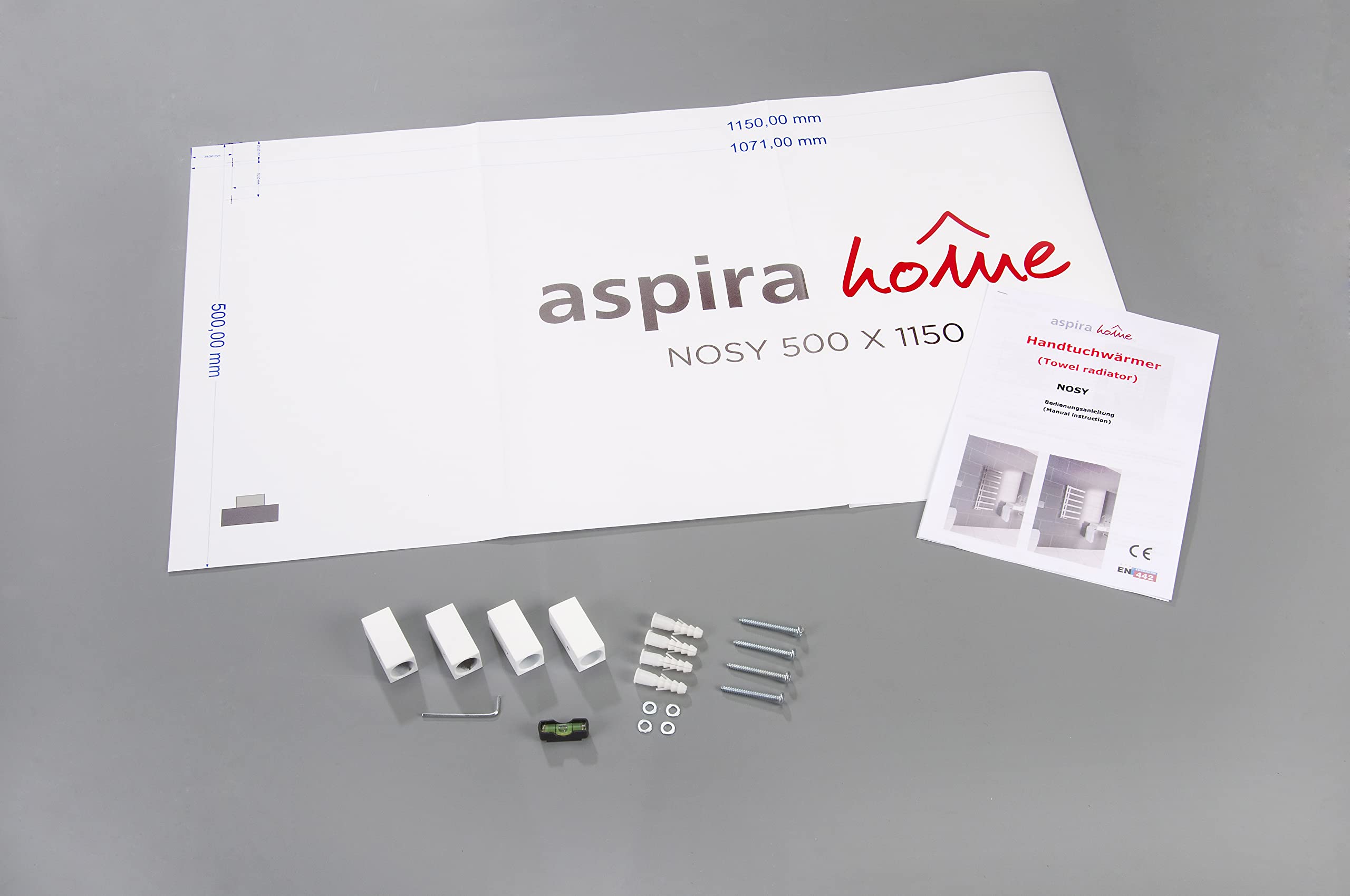 Aspira Home Badheizkörper Handtuchwärmer „Nosy“ Moderner Design - Weiß - Mittelanschluss 1/2“ - 500x1150mm - Handtuchtrockner