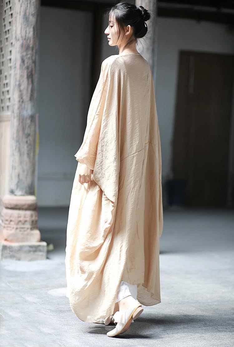 PRINCESS BRIDE Literary Painter Cotton Linen Women Lightweight Open-Front Long Cardigans Flowy Loose Outerwear Drapey Trench Coats, One Size, Beige - Image 7