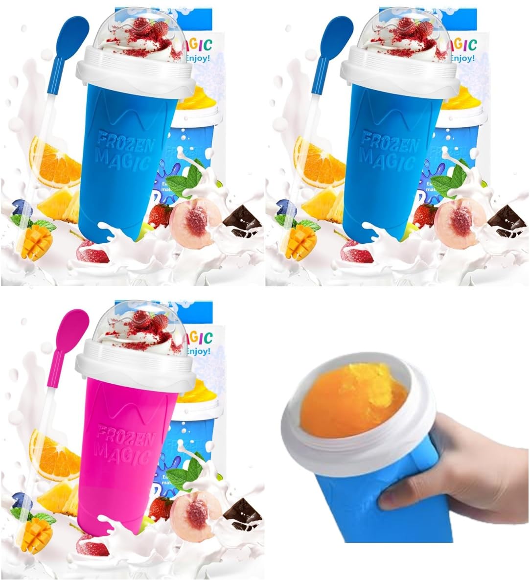 3 Packs Cooling Slushie Maker Cup, Quick Frozen Smoothies Cup, Double Layer Squeeze Slushy Maker Cup, Homemade Juice Milk Shake Ice Cream Maker DIY (2 Blue and 1 Red, 3 Cups)