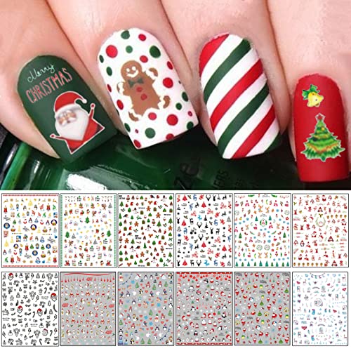 TailaiMei Christmas Nail Decals Stickers, Self-Adhesive Nail Art Decorations, Design for Santa Claus Snowflake Snowman (1366 Pcs, 12Sheets)