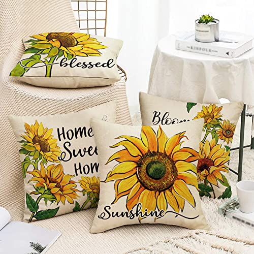 Fahrendom Sunflower Sunshine Decorative Throw Pillow Cover 18 X 18 Set Of 4, Summer Home Sweet Home Blessed Porch Patio Outdoor Pillowcase, Spring Bumble Bee Flower Farmhouse Couch Cushion Case Decor #TOP6
