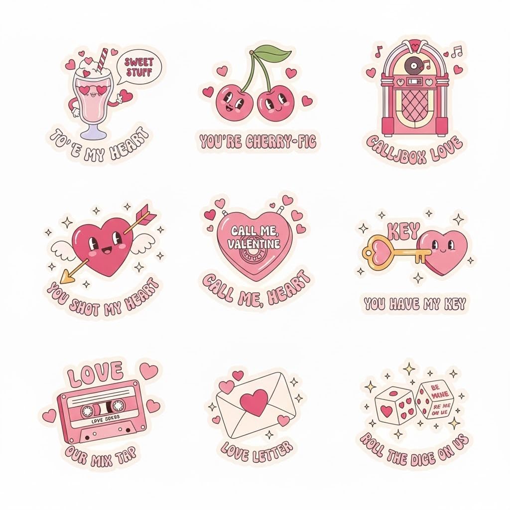 UV DTF Cup Wraps for Crafts, 9 Sheets Waterproof Rub on Transfers, Inspirational Valentine's Day Theme Decals for DIY Glass Cups Mug Tumbler, 6.35 cm