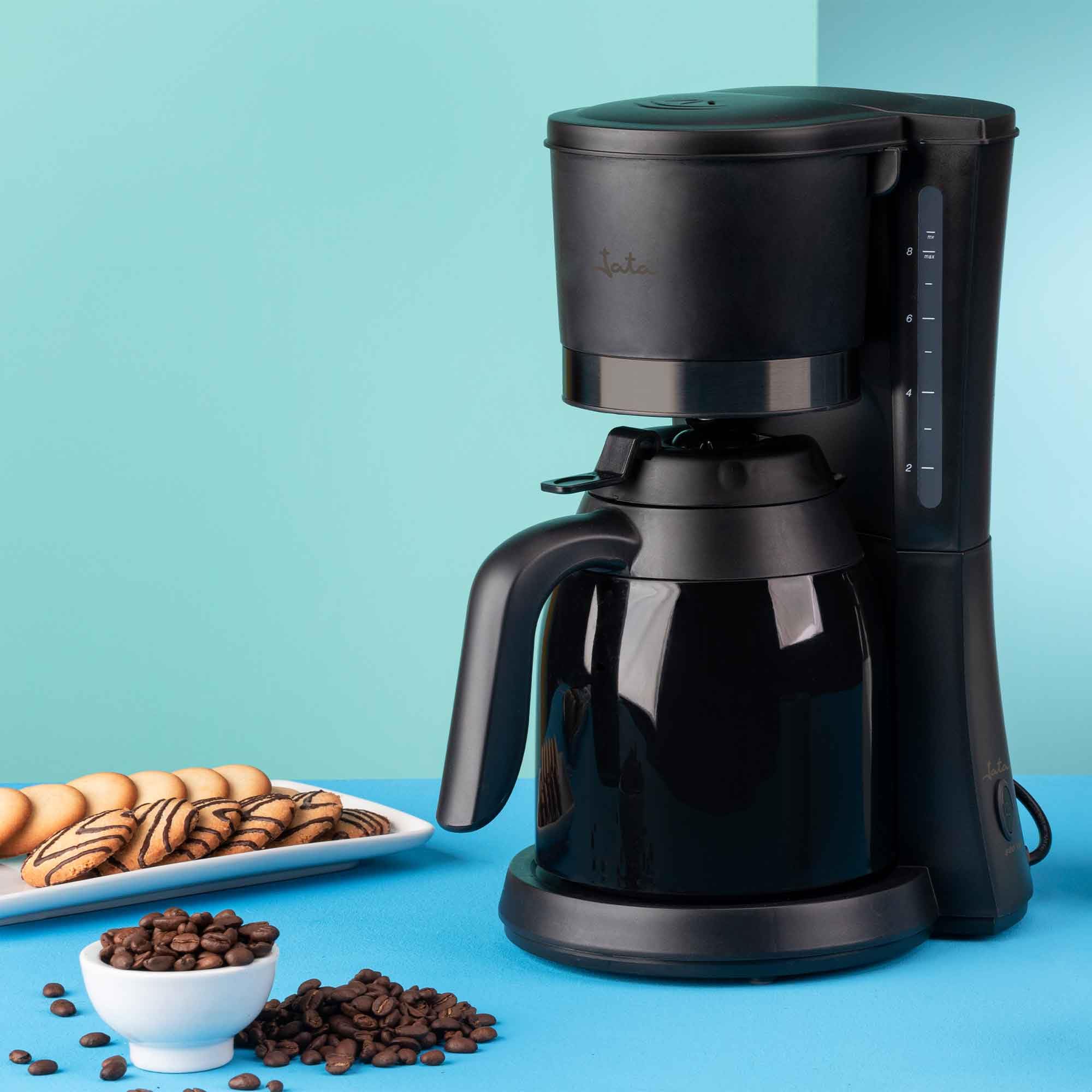 JATA JECA1800 - Cafetera Goteo. Cafetera Electrica de 2 a 12 Tazas. Con Jarra Termo. Mantiene Temperatura hasta 12 Horas. Filtro Permanente. Capacidad: 1 L. Compacta. Apagado Automático. 650 W