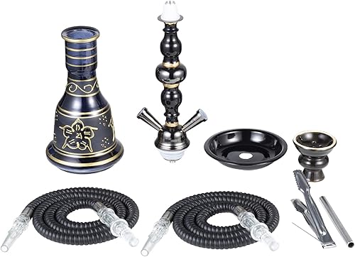 Miniatura 5 de Juego de narguile de 20 pulgadas, kit de 2 mangueras de shisha de alta calidad con jarrón de vidrio, cuenco de cerámica y pinzas de carbón para un