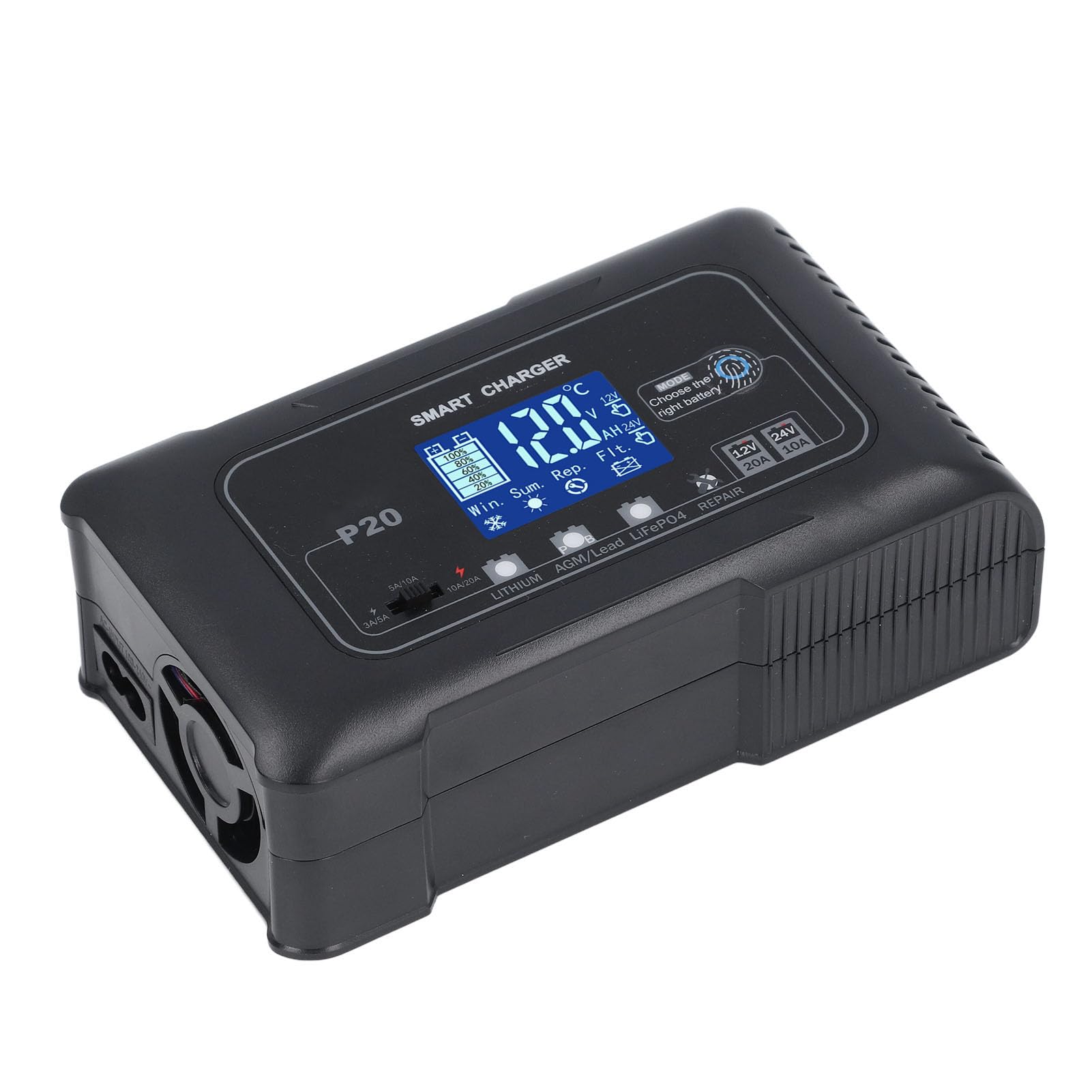 CHICIRIS Ładowarka Akumulatorów 12V 24V, Automatyczna Inteligentna ładowarka z funkcją Naprawy Impulsów i Wyświetlaczem LCD, do Mokrego Akumulatora Litowego AGM GEL EFB MF (wtyczka UE)