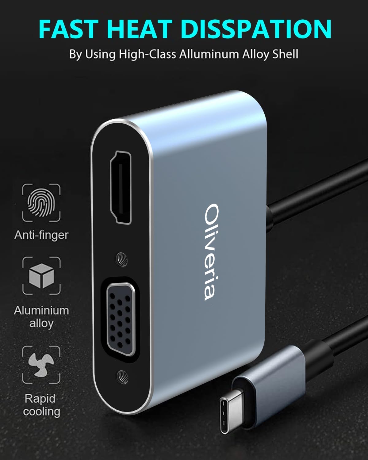 Oliveria Adaptateur multiport USB C 4 en 1 4K @ 30 Hz - HDMI VGA Thunderbolt 3, PD 100 W - Port USB 3.0 pour MacBook/MacBook Pro/Air, Chromebook, Dell, HDTV, Galaxy