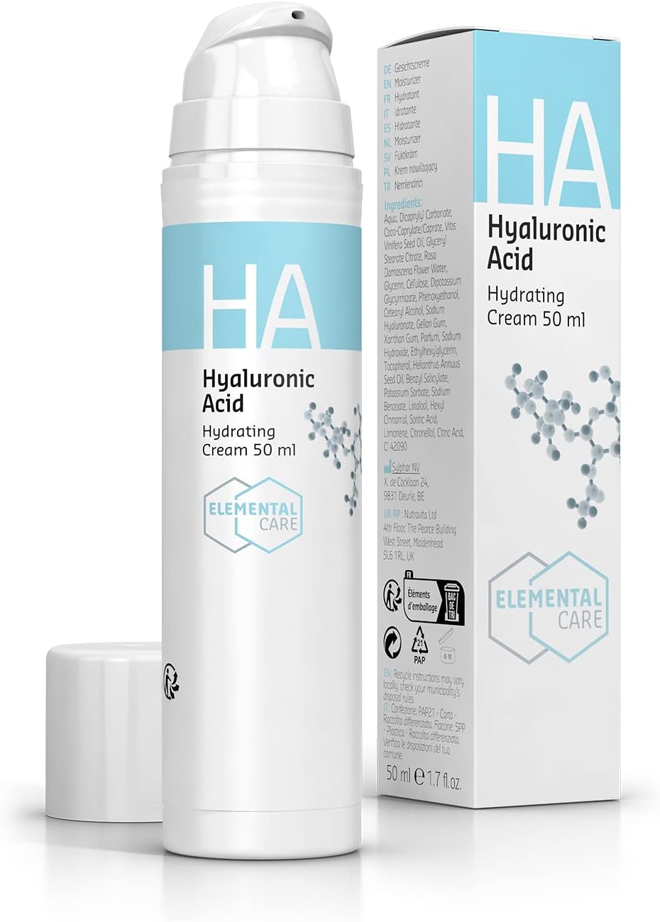 Elemental Care Hyaluronic Acid Hydrating Face Cream 50ml - Anti-Wrinkles and Moisturiser Face Care for Smoothed and Rejuvinated Skin - Day and Night cream
