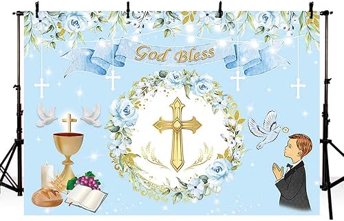 Miniatura 3 de AIBIIN Pancarta de fondo para bautizo de Dios bendiga de 7 x 5 pies, pancarta de bautizo para fiesta de primera comunión, pancarta dorada con