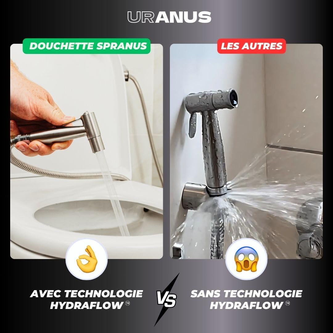 Douchette WC Anti-Fuite Noire - Marque Française - Kit Complet Bidet Hygiénique avec Robinet 3 Voies, Pistolet, Flexible et Support - Jet Réglable Haute Pression - Brevet Déposé