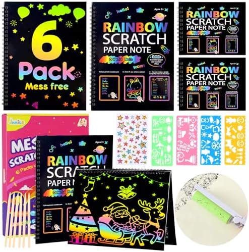 6 Packs Rainbow Scratch Notebook, Scratch Art for Kids with Reusable Cleaner Tool, Halloween Crafts for Kids, Stocking Stuffers, Art Supplies, Christmas Gifts for 4 5 6 7 8 9 Year Old Girl Boy